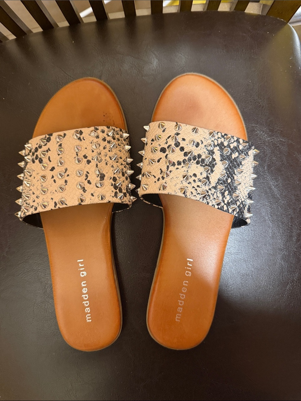 Madden Girl Tan Snake-Print Slide Sandals with Silver Studs